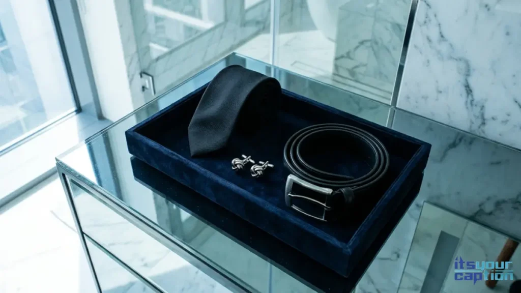 A silk tie and silver cufflinks laid out on a dark velvet tray, setting up a sharp boys formal outfit post.