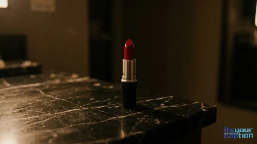 Red lipstick on dark marble matching baddie aesthetic outfit phrases.