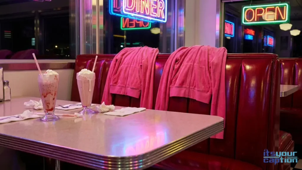 Two matching pink velour track jackets left behind on a diner booth reflecting the ultimate early 2000s friendship energy.