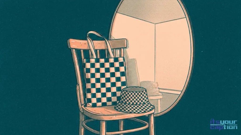 A tote bag and bucket hat in the exact same pattern reflected in a glass for sneaky flex mirror picture text.