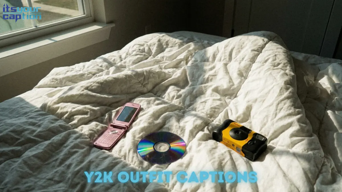 A shiny pink flip phone, a burned CD, and a disposable camera scattered on an unmade bed, capturing the perfect 2000s aesthetic for fashion boards.