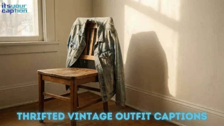 A faded denim jacket resting on a wooden chair representing vintage outfit captions for instagram.