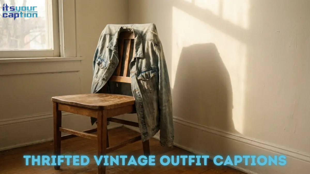 A faded denim jacket resting on a wooden chair representing vintage outfit captions for instagram.