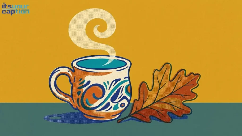 Retro illustration of a spiced drink mug beside a single autumn leaf on a mustard background.
