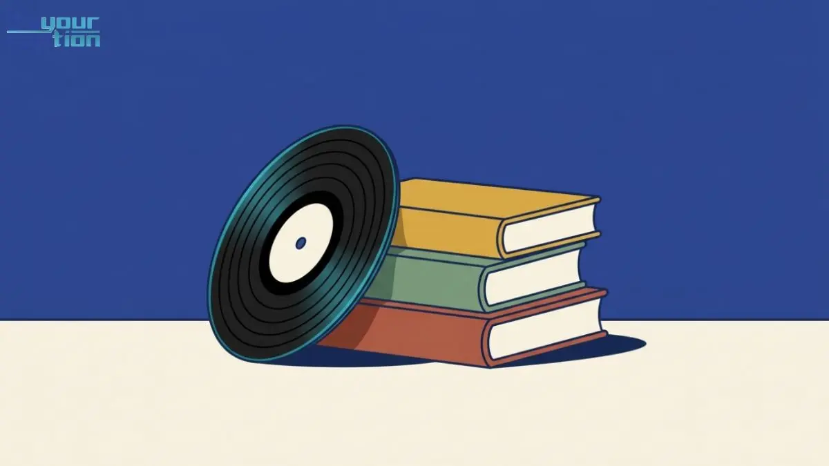 Flat vector illustration of a small stack of books beside a vinyl record leaning against it.
