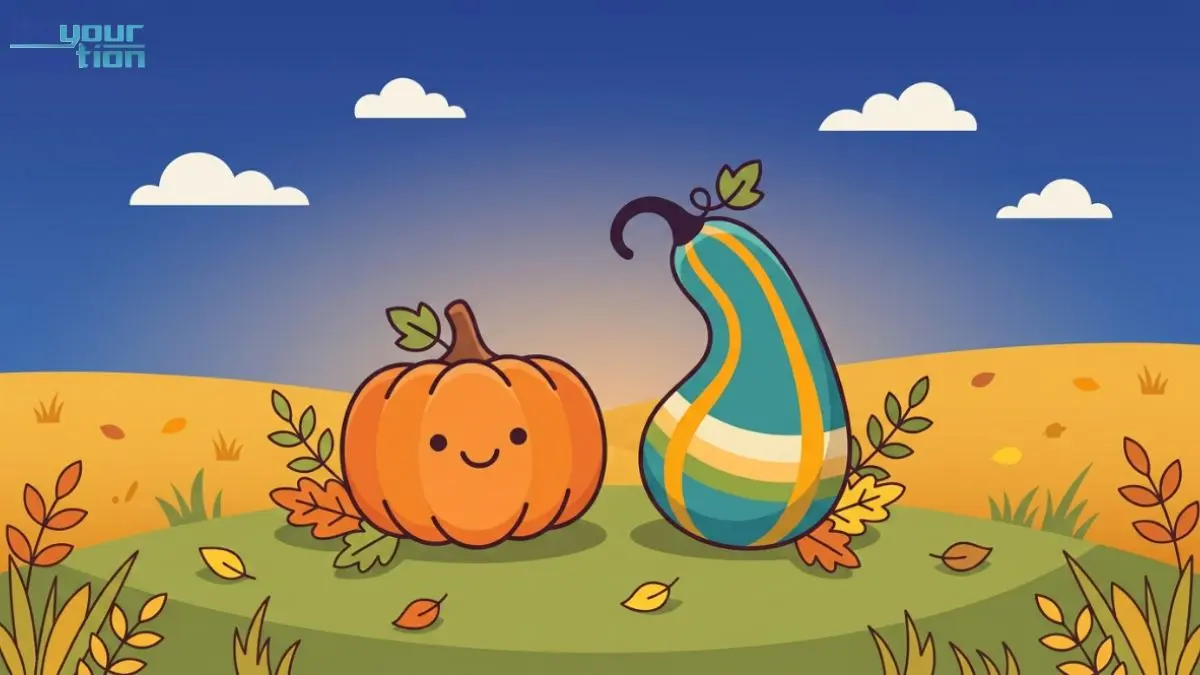 Flat vector illustration of a small smiling pumpkin character sitting next to a cartoon gourd.