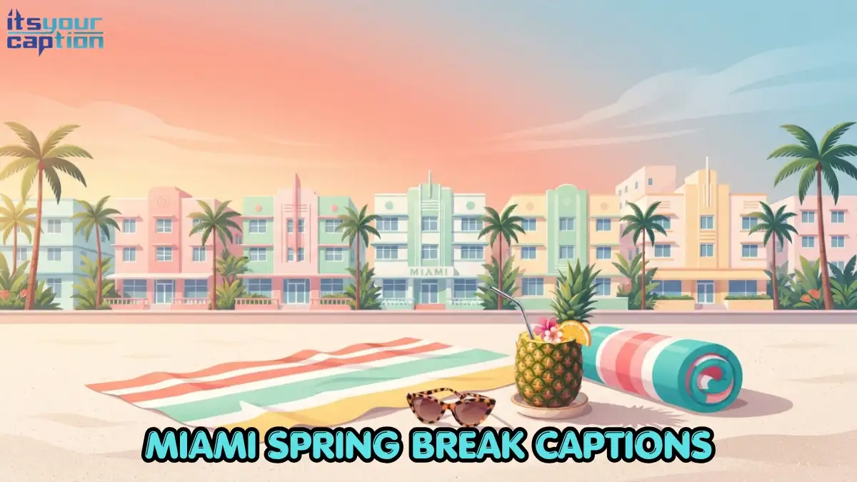 Illustrated Miami spring break scene with palm trees, pastel Art Deco buildings, and beach essentials