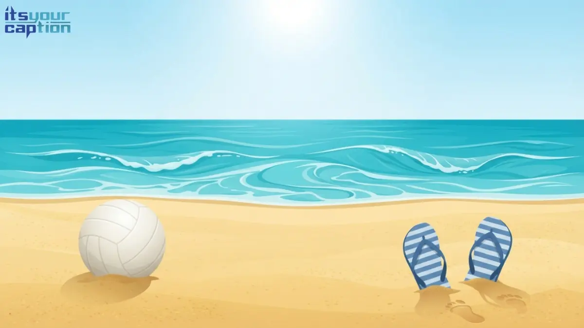 Illustrated midday beach scene with ocean waves and a volleyball