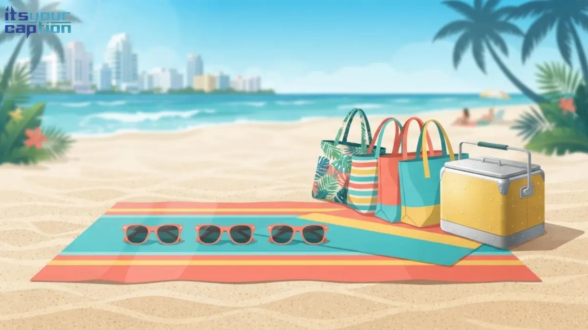 Illustrated group of matching beach bags and sunglasses arranged on a striped towel