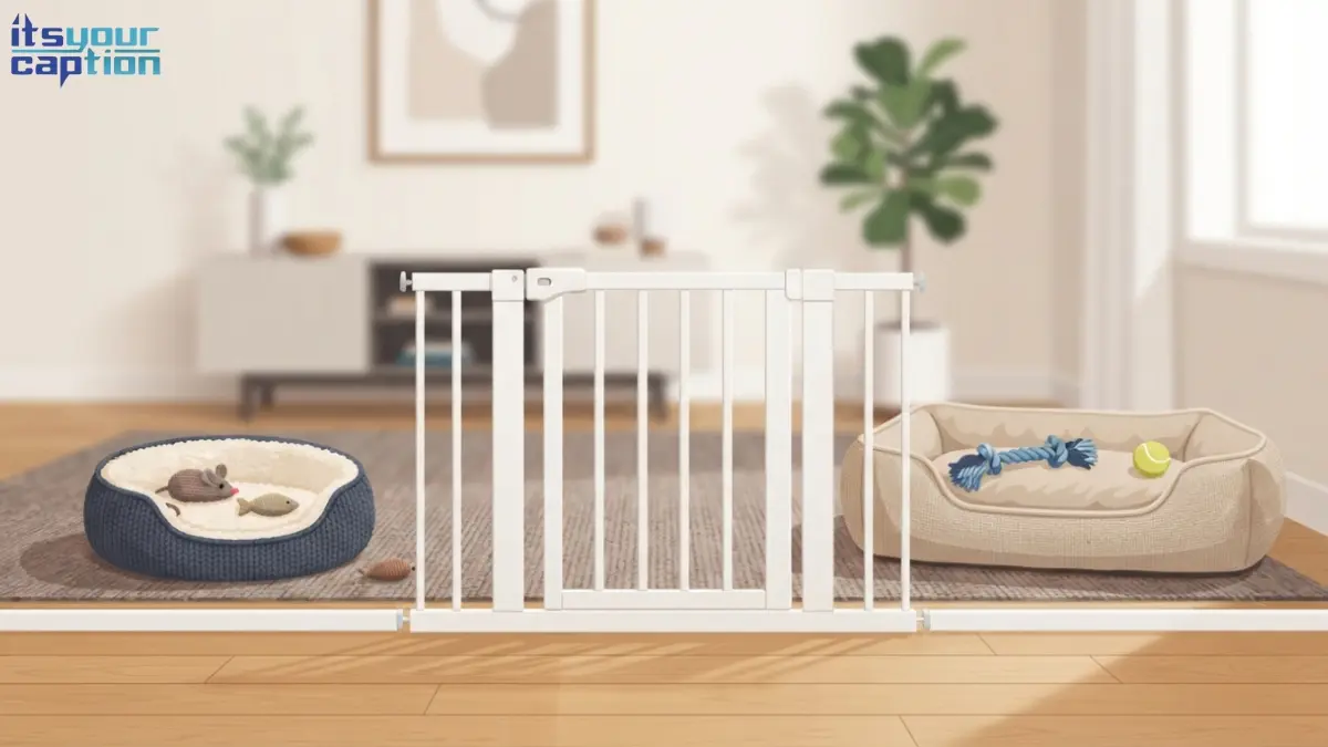 Illustrated baby gate separating a small pet bed from a larger dog bed, symbolizing a cautious pet introduction
