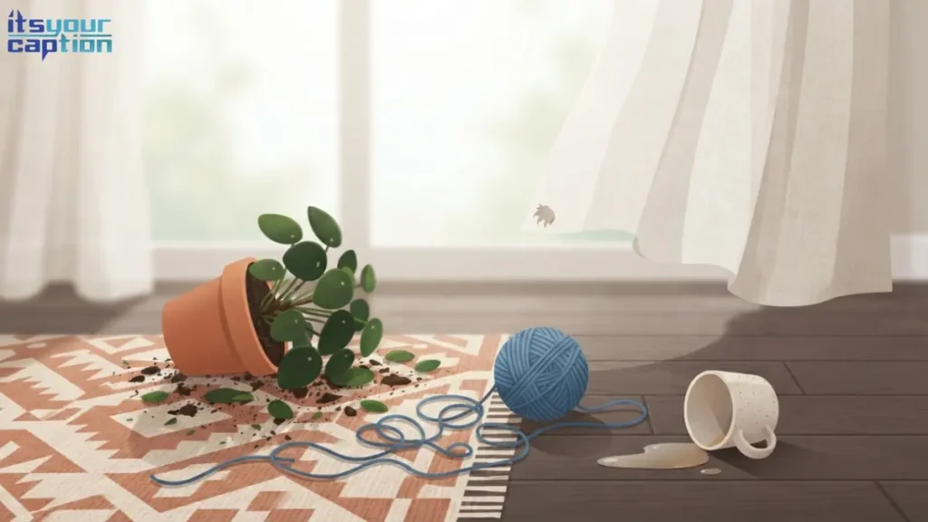 Illustrated toppled houseplant and unraveled ball of yarn beside a knocked-over cup, suggesting kitten mischief