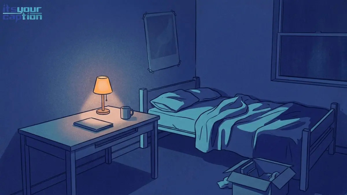 Riso-style illustration of a dimly lit dorm room at night with a lamp glowing beside an unmade twin bed