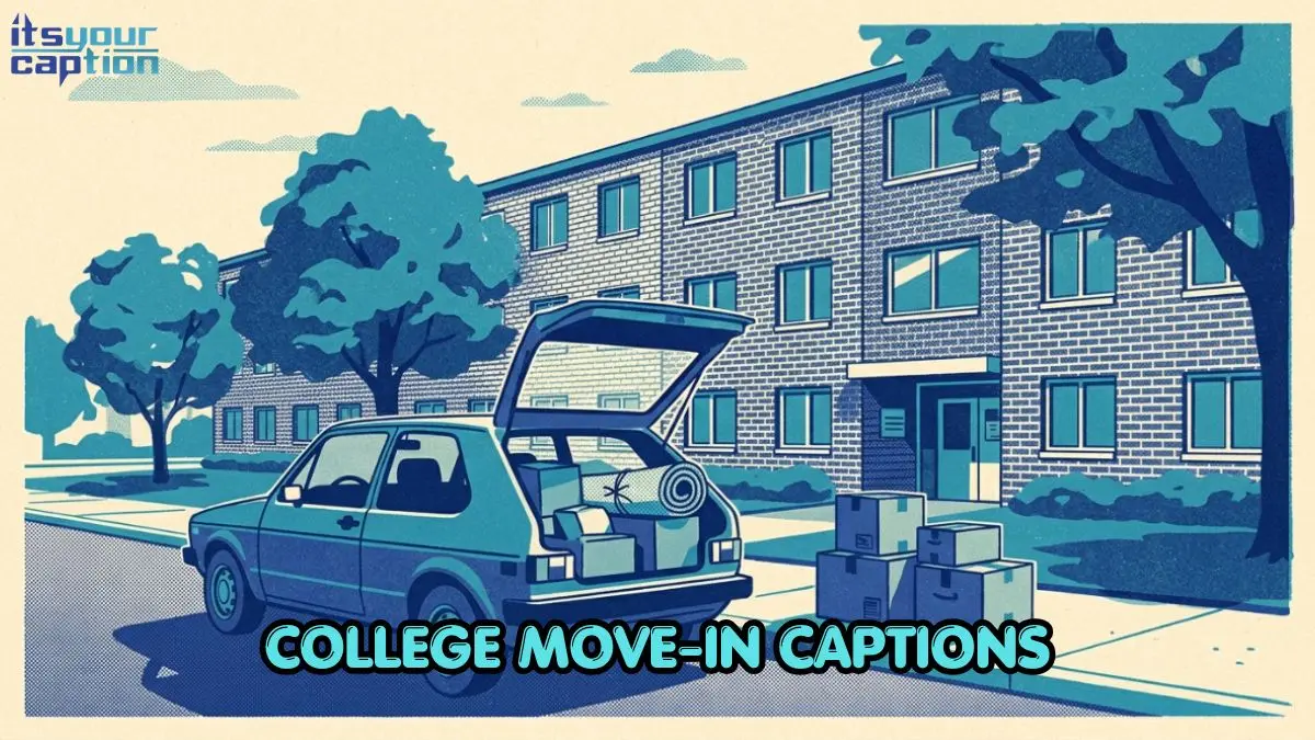 Riso-style illustration of a packed car parked outside a dorm building with stacked moving boxes on the sidewalk