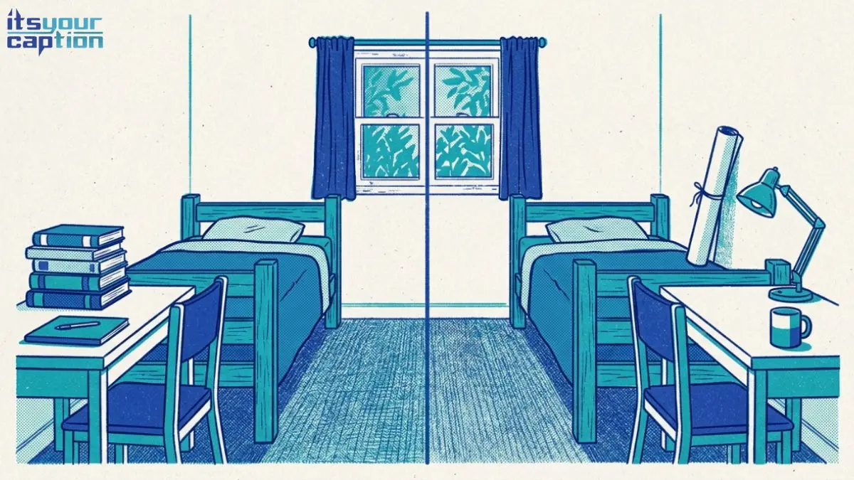 Riso-style illustration of a shared dorm room split into two halves with different belongings on each side
