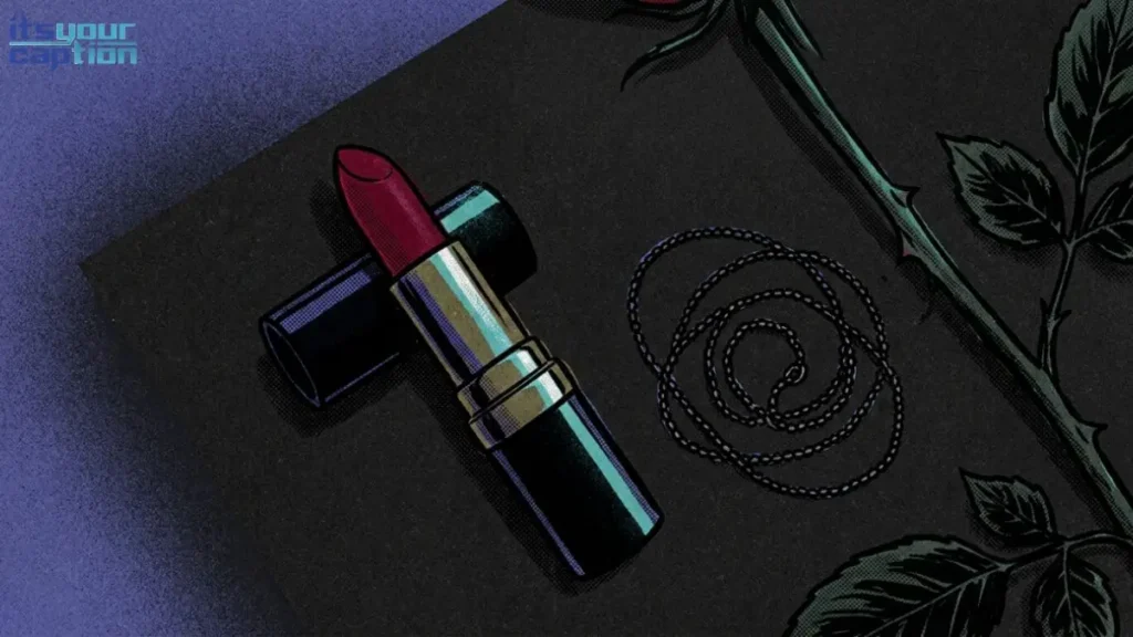 A close-up flat illustration of dark red lipstick, a black jewelry chain, and a rose stem arranged on a black surface.