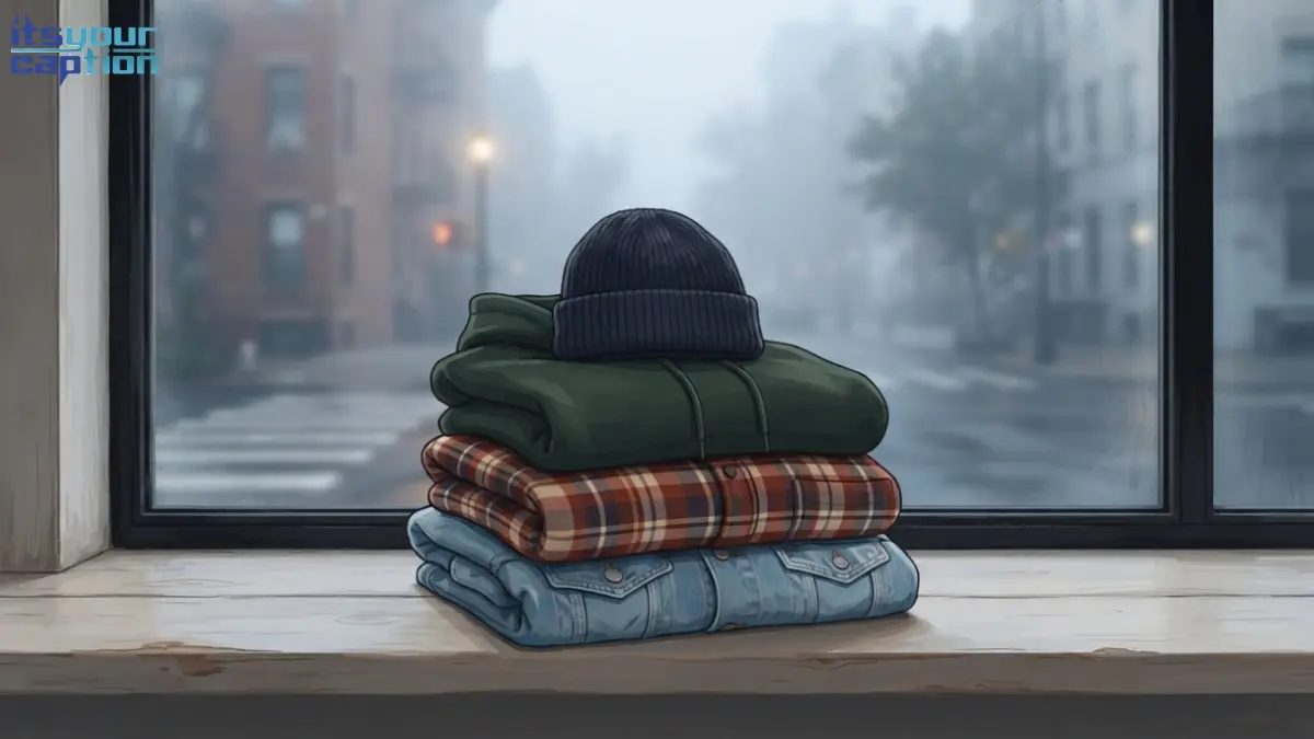 A folded stack of a hoodie, flannel shirt, and denim jacket on a windowsill overlooking a foggy winter street.