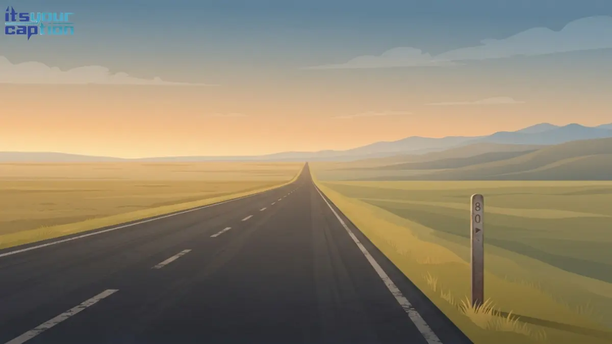 Illustrated straight highway stretching through changing landscape from flat plains to distant mountains