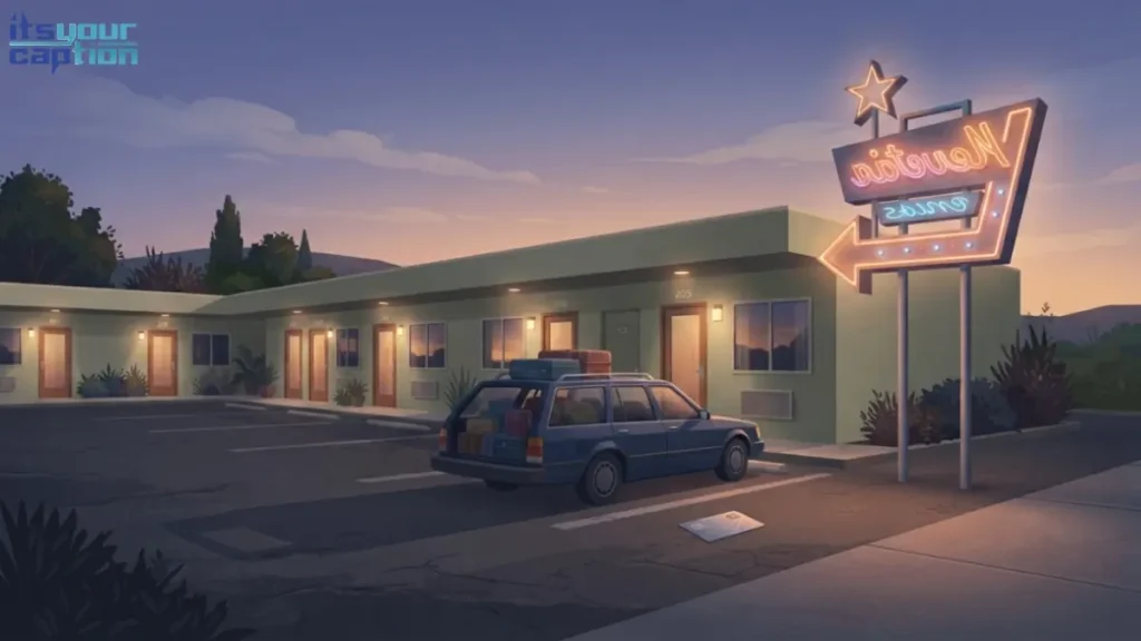 Illustrated roadside motel exterior with a glowing neon sign at dusk and a packed car parked outside