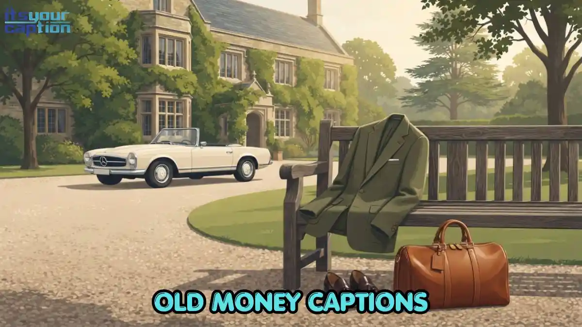 Editorial illustration of old money captions aesthetic with a tailored blazer, leather bag, and vintage car outside a stone estate