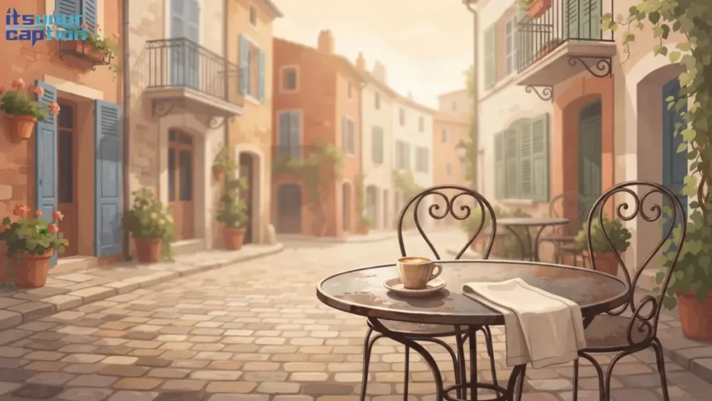 Illustration of a European cobblestone street with a café terrace for old money travel captions