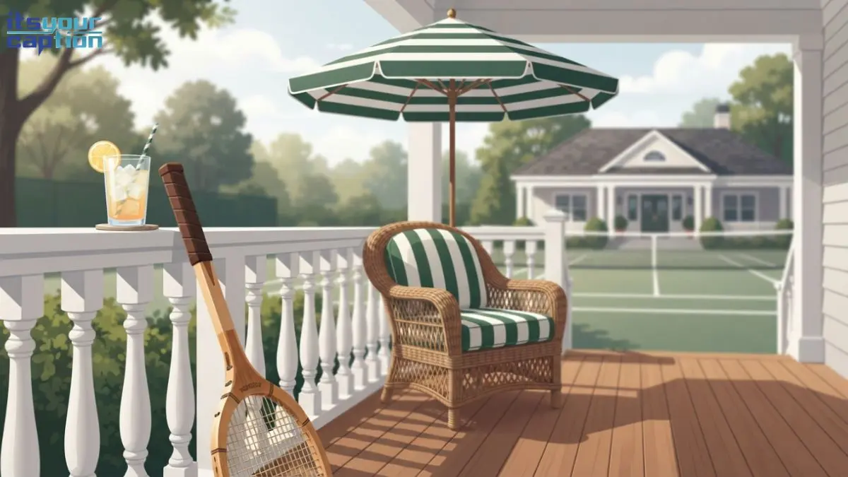 Illustration of a wooden tennis racket and striped umbrella on a country club porch for old money tennis captions