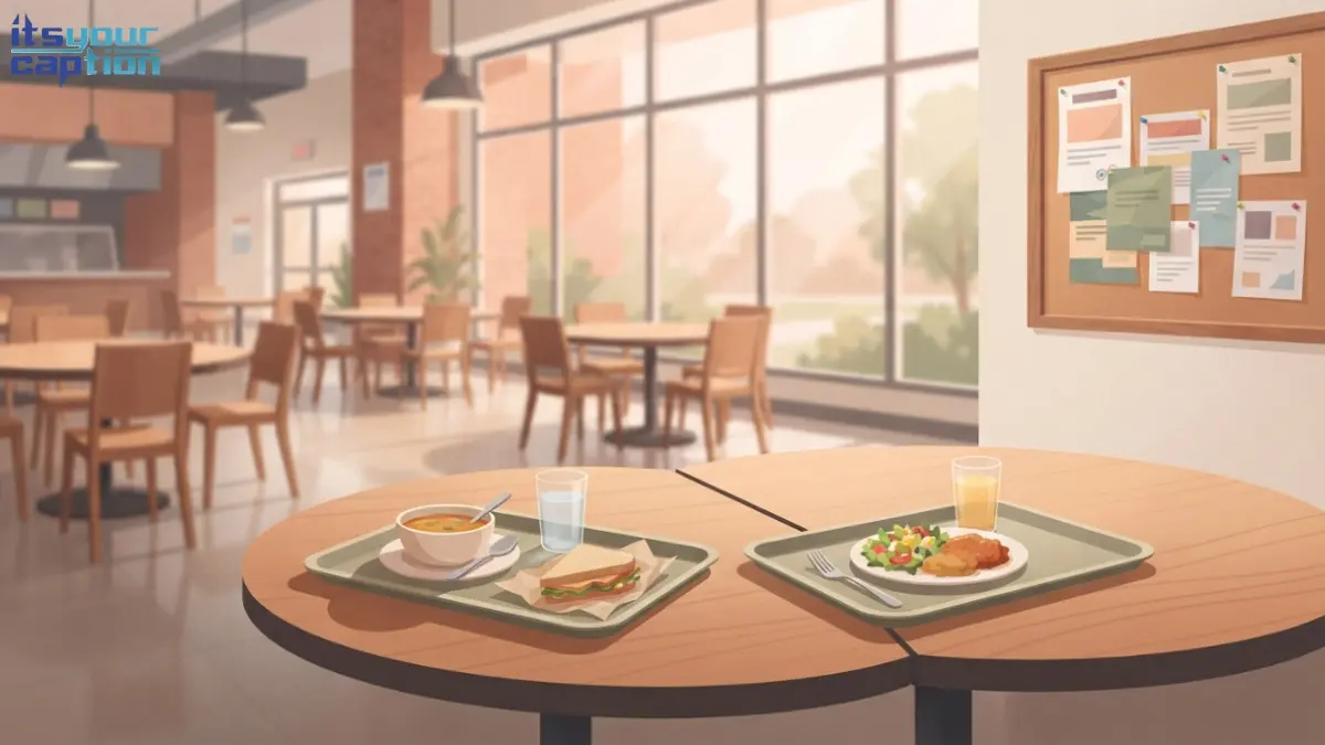 Illustrated dining hall trays and seating area representing freshman year friendship captions