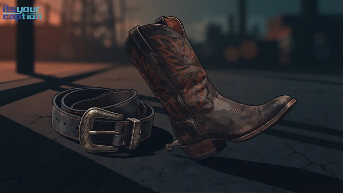 Dusty cowboy boot beside a cracked leather belt on dark pavement, bold editorial illustration