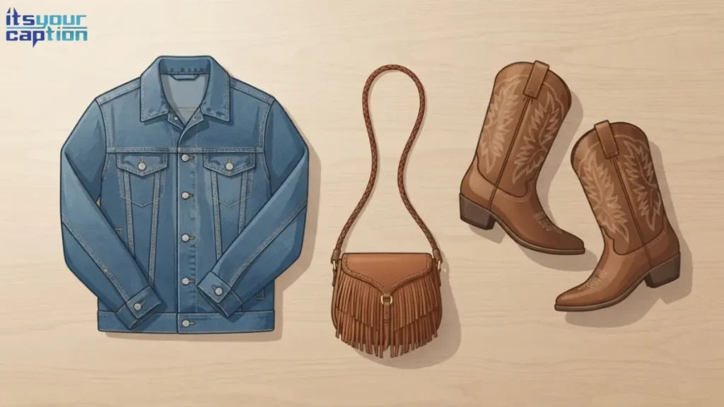 Denim jacket, fringe bag, and cowboy boots arranged as a flat-lay western outfit illustration