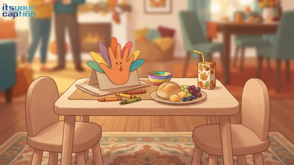A small kids' table with a handprint turkey craft, crayons, and a simplified Thanksgiving plate of rolls and fruit
