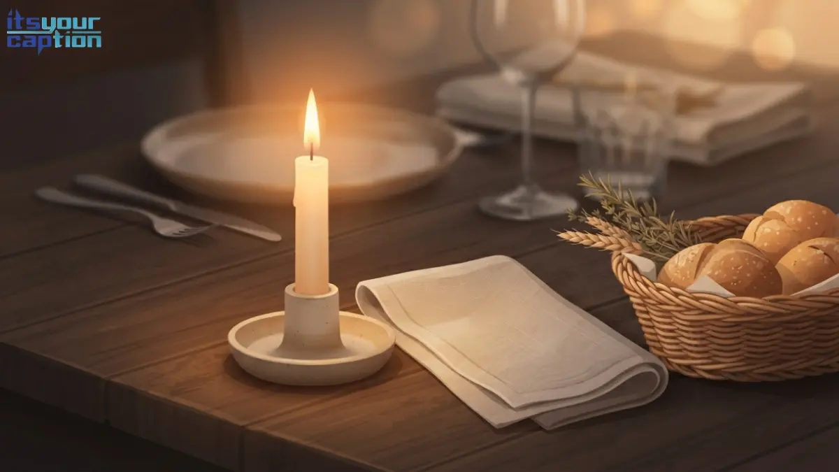 Folded hands resting near a Thanksgiving table setting with a lit candle and open space suggesting a moment of prayer