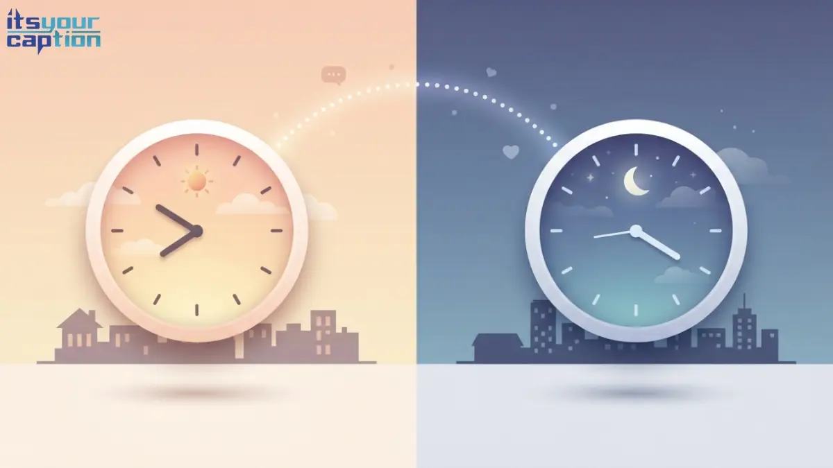 Two stylized clocks showing different times connected by a dotted line over a day-and-night split sky, representing different time zones in a long distance friendship
