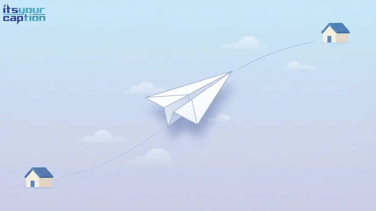 A single paper airplane flying between two small distant houses, representing short long distance friendship captions