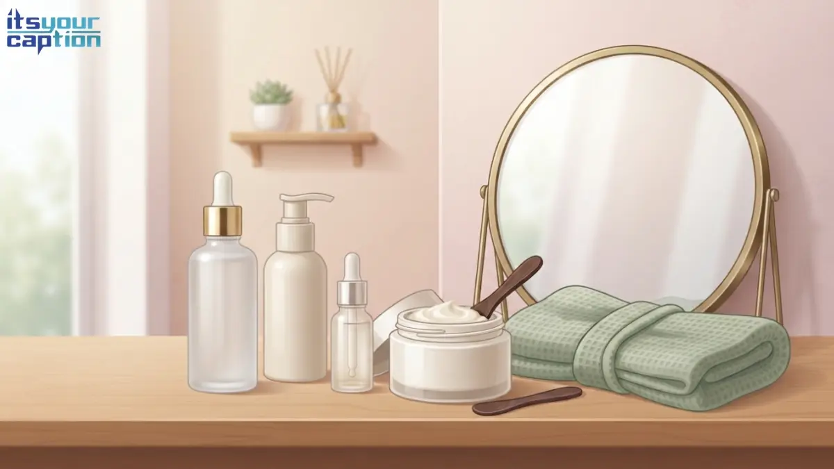 Illustrated skincare counter with serum bottles, a face mask jar, and a round mirror for a self care skincare routine