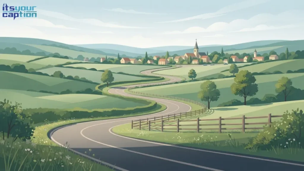 Winding backroad through rolling countryside near a small town, representing a nearby weekend escape