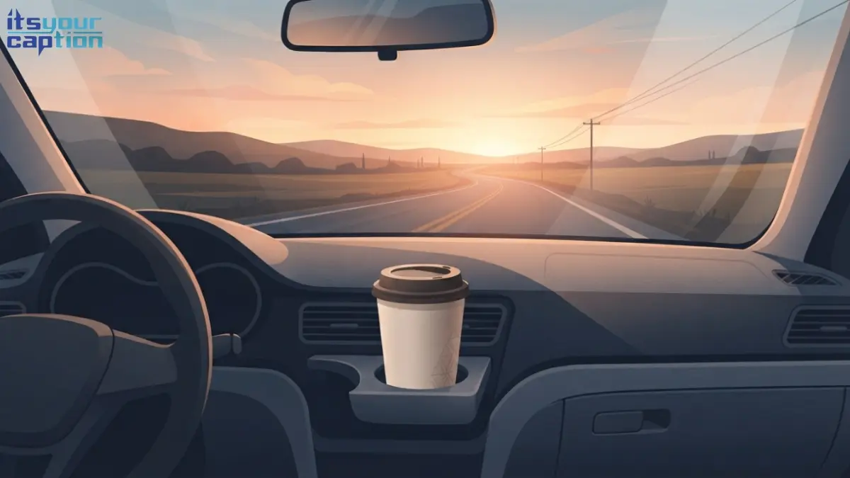 To-go coffee cup on a car dashboard with a road stretching ahead, representing the drive home at the end of a weekend getaway