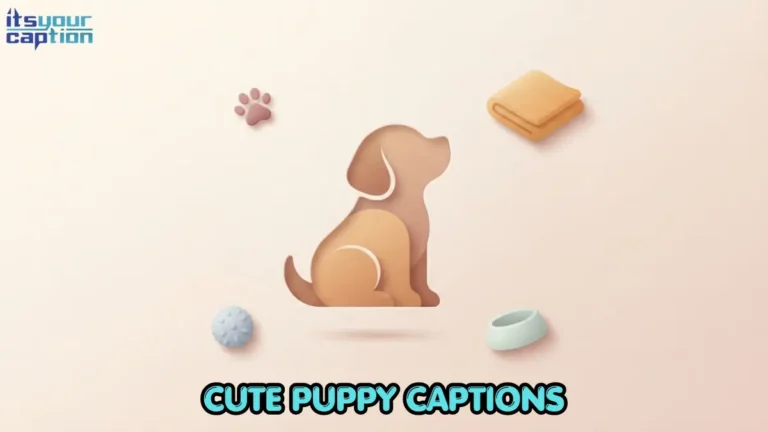 Illustrated puppy surrounded by small scattered icons of paw prints, a nap cushion, and a toy, representing cute puppy captions