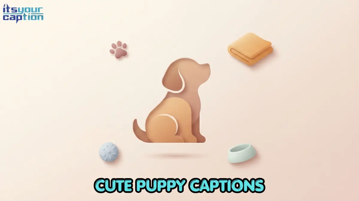 Illustrated puppy surrounded by small scattered icons of paw prints, a nap cushion, and a toy, representing cute puppy captions