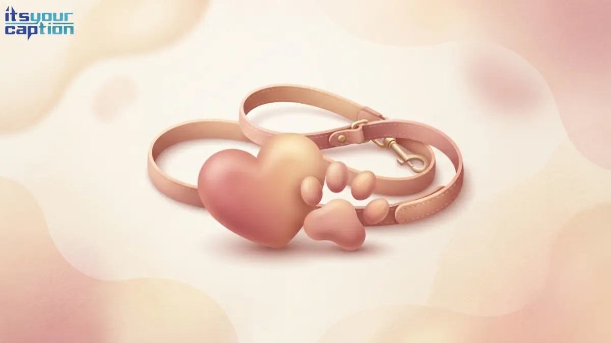 Illustrated small heart shape resting beside a paw print and a leash representing cute puppy captions about puppy love