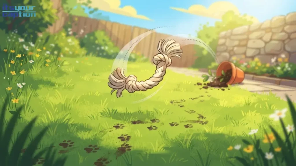 Illustrated scattered chew toy and small muddy paw prints trailing across grass representing cute puppy captions for playful photos