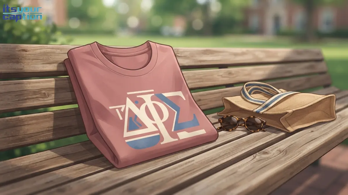 Illustrated folded bid day t-shirt with Greek letters graphic laid on a wooden bench.
