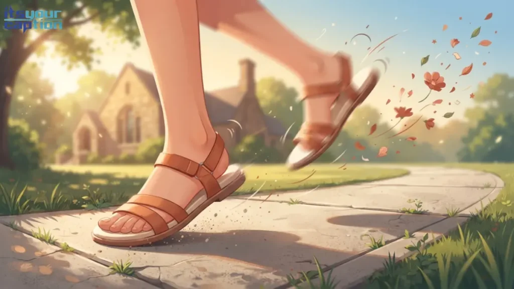 Illustrated pathway scene showing sandals and a dropped shoe mid-motion toward a sorority house.