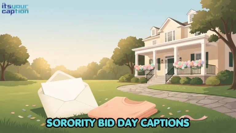 Illustrated sorority bid day scene with a bid card, chapter house, and matching shirts.