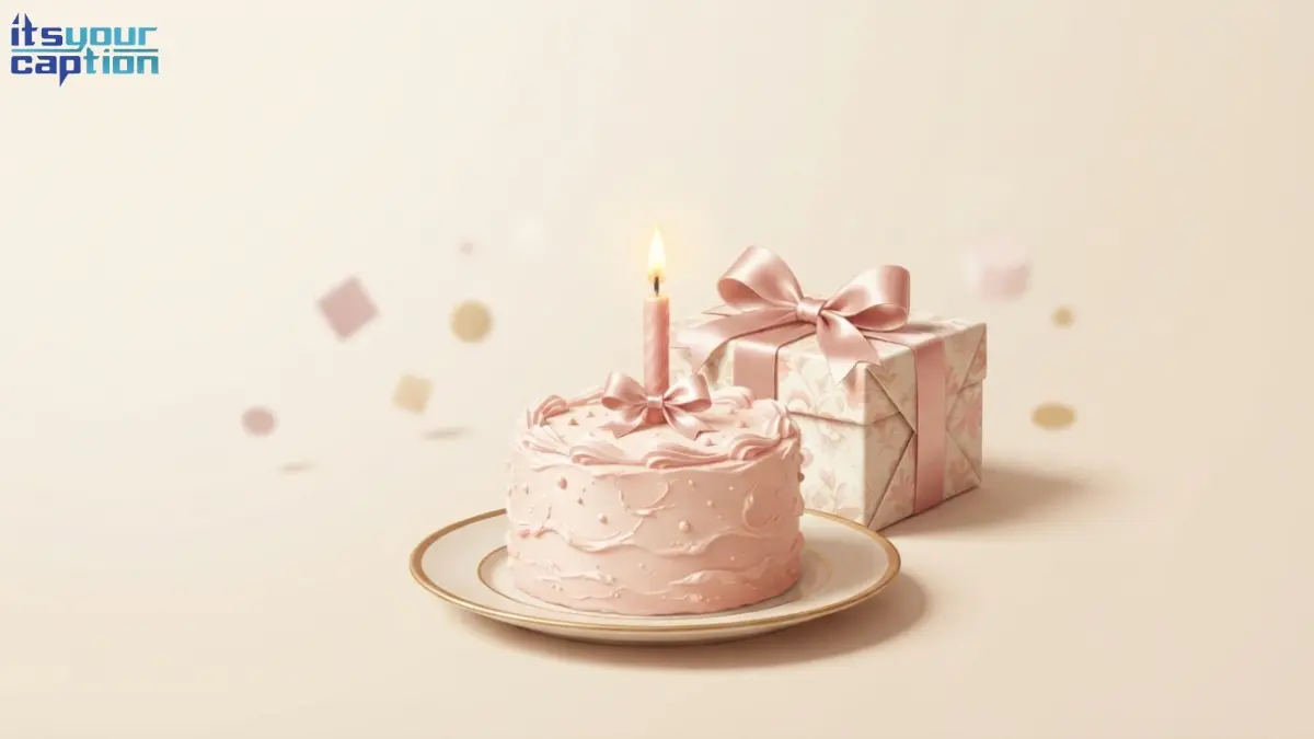 Bow-topped birthday cake and ribbon-wrapped gift representing coquette birthday captions