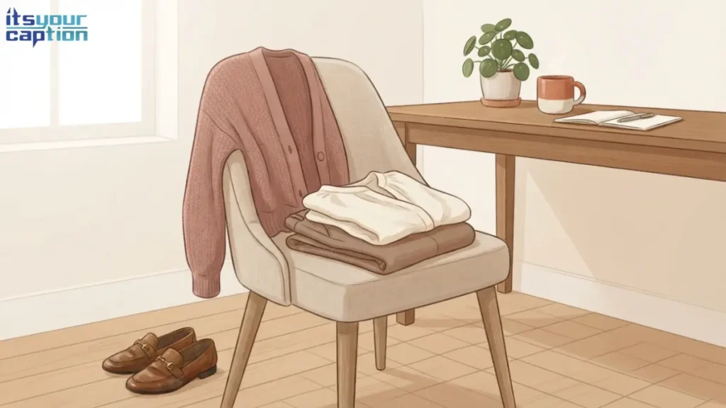 Illustration of a cardigan, blouse, and loafers arranged near a desk, representing business casual office outfit captions.