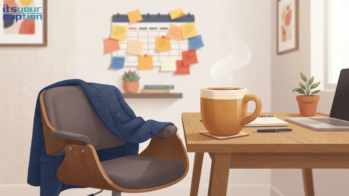 Illustration of an oversized coffee cup beside a slightly rumpled blazer on a desk chair, representing funny office outfit captions.