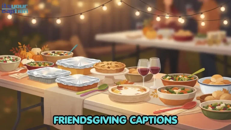 Illustrated Friendsgiving table with mismatched dishes and string lights, representing friendsgiving captions for a chosen-family feast