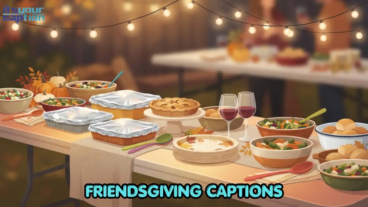 Illustrated Friendsgiving table with mismatched dishes and string lights, representing friendsgiving captions for a chosen-family feast