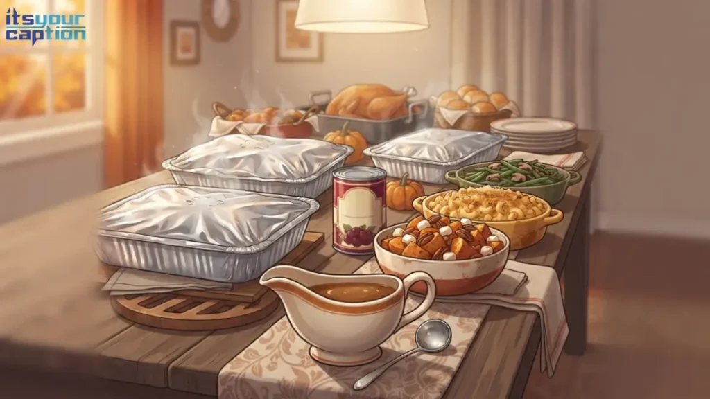 Illustrated potluck buffet line of foil-covered casseroles and serving bowls, representing friendsgiving potluck and shared dish captions