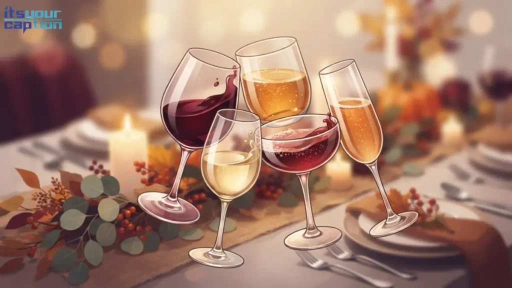 Illustrated clinking wine and cider glasses above a Friendsgiving table, representing friendsgiving toast captions