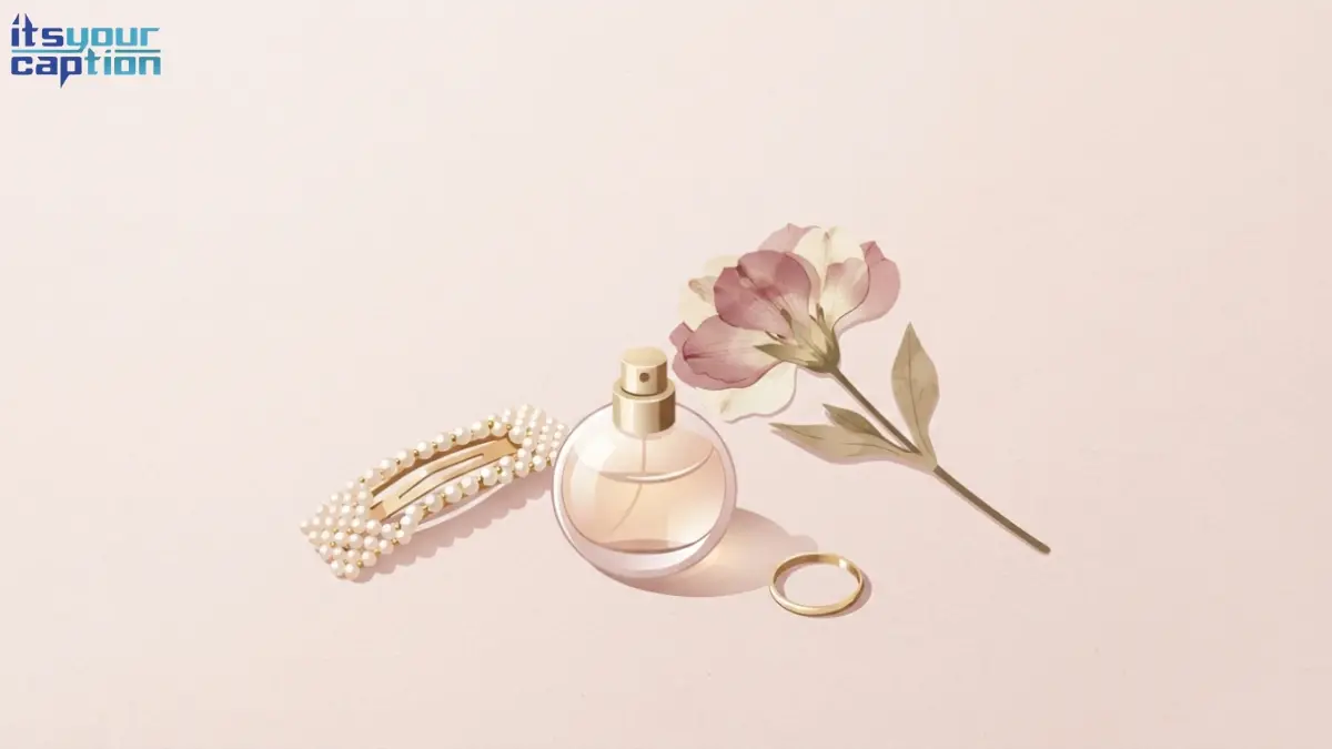 Illustrated hair clip and small perfume bottle arranged beside a pressed flower, representing crush captions for her